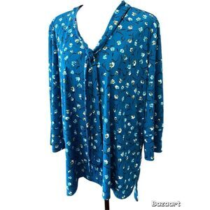 Worthington Large Blue Floral Tie Neck Blouse Size XL